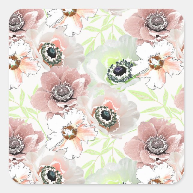 White, pink flowers.  square sticker (Front)