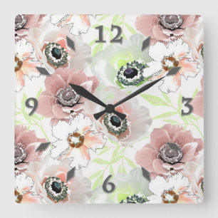 White, pink flowers. square wall clock