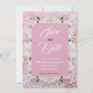 White & pink flowers & stencils SAVE THE DATE card