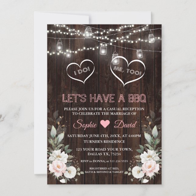 White Pink Flowers String Lights Barn I DO BBQ  Invitation (Front)