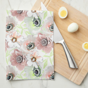 White, pink flowers. tea towel
