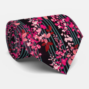 WHITE PINK FLOWERS,TEAL BLUE BLACK STRIPES Floral  Tie