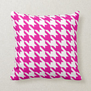 White Pink Fuchsia Pied De Poule Houndstooth Cushion
