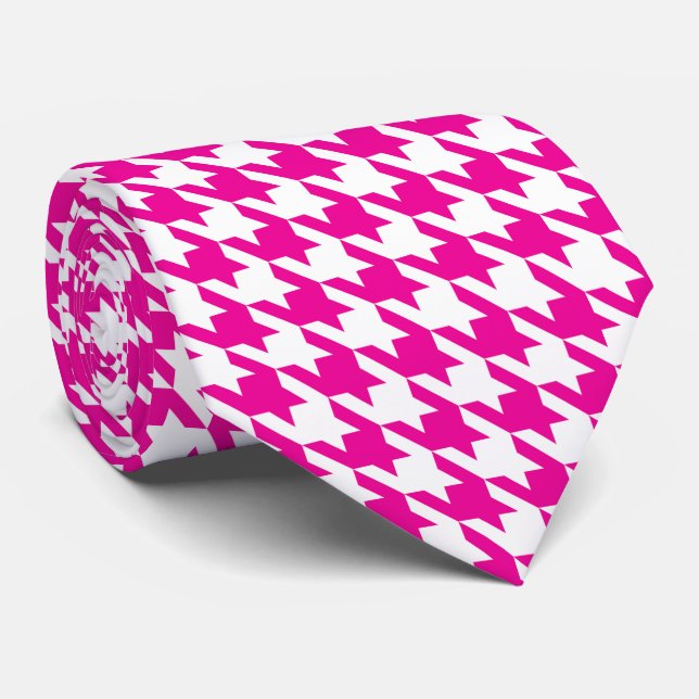 White Pink Fuchsia Pied de Poule Houndstooth Tie (Rolled)