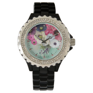 WHITE PINK FUCHSIA ROSES,ANEMONE FLOWERS MONOGRAM WATCH