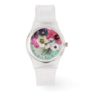 WHITE PINK FUCHSIA ROSES,ANEMONE FLOWERS MONOGRAM WATCH