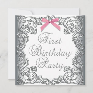 White Pink Girls 1st Birthday Party Invitation