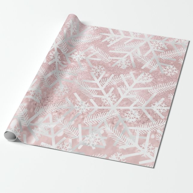 White Pink Glitter Christmas Holiday Snowflake Joy Wrapping Paper (Unrolled)