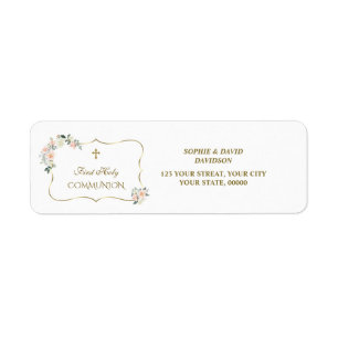 White Pink Gold Floral Holy Communion Return  Address Label