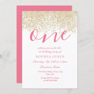 White Pink Gold Glitter 1st birthday party Invite