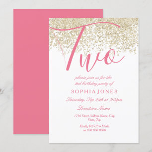 White Pink Gold Glitter 2nd birthday party Invite