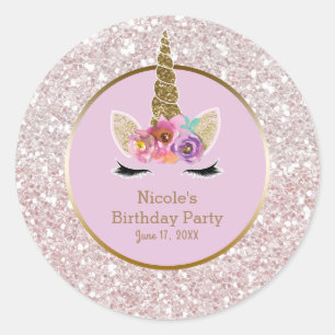 White Pink Gold Glitter Glam Unicorn Party Favour Classic Round Sticker