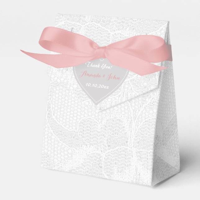 White Pink Grey Lace Wedding Favour Thank You Box (Front Side)
