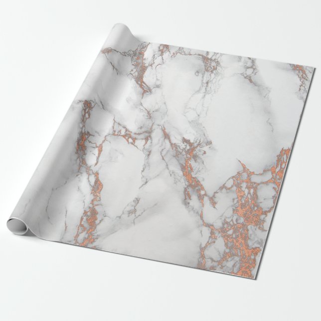 White Pink Grey Marble Shiny  Brushes Stone Copper Wrapping Paper (Unrolled)