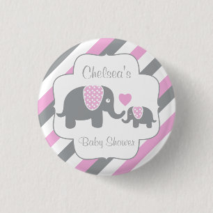 White, Pink & Grey Stripe Elephants Baby Shower 3 Cm Round Badge