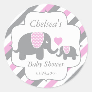 White, Pink & Grey Stripe Elephants Baby Shower Classic Round Sticker