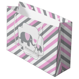 White, Pink & Grey Stripe Elephants Baby Shower Large Gift Bag
