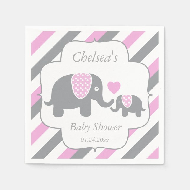 White, Pink & Grey Stripe Elephants Baby Shower Napkin (Front)