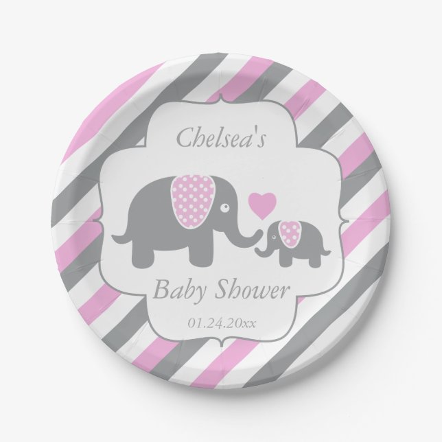 White, Pink & Grey Stripe Elephants Baby Shower Paper Plate (Front)