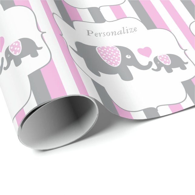 White, Pink & Grey Stripe Elephants Baby Shower Wrapping Paper (Roll Corner)