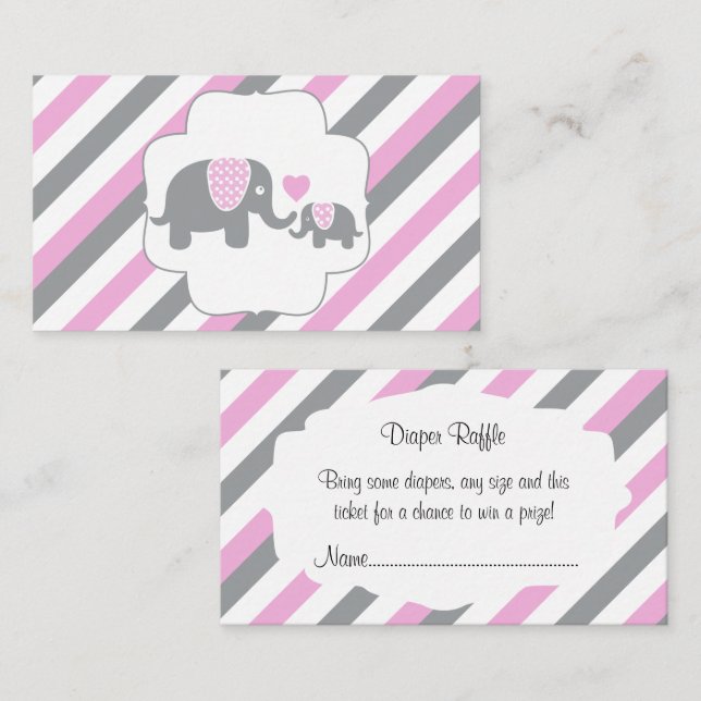 White, Pink & Grey Stripe Elephants  Diaper Raffle Enclosure Card (Front/Back)