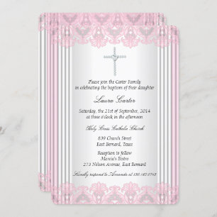 White Pink Lace Cross Baptism Christening Invitation