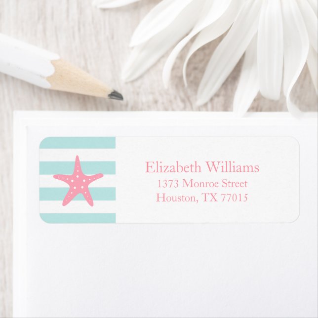 White Pink Mint Stripes Starfish Return Address Label (Insitu)