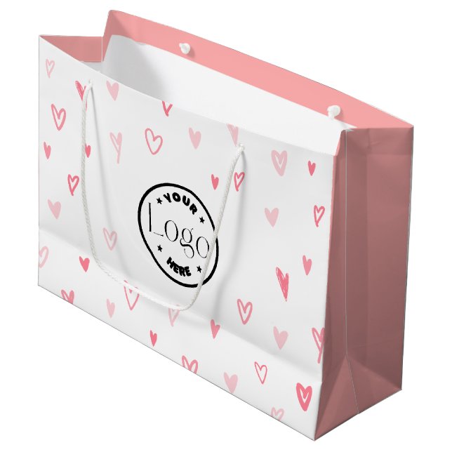 White & Pink Modern Love Hearts Happy Valentine's Large Gift Bag (Front Angled)