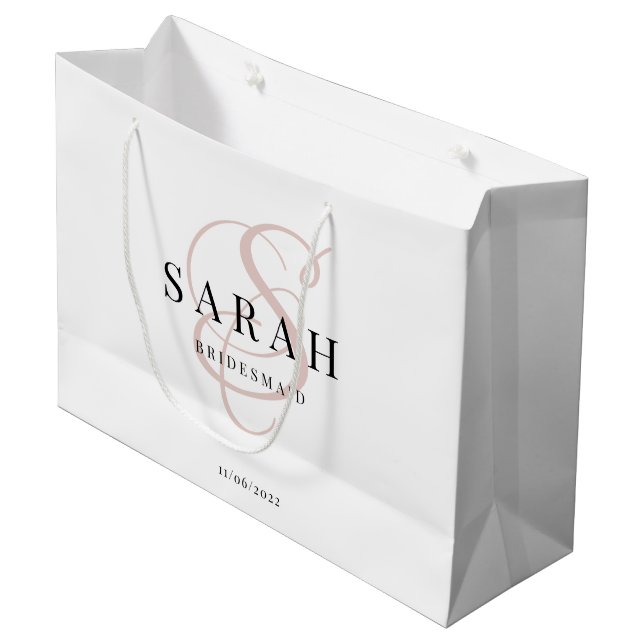 White Pink Monogram Personalised Bridesmaid Large Gift Bag (Front Angled)