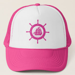 White & Pink Nautical Boat Wheel Trucker Hat