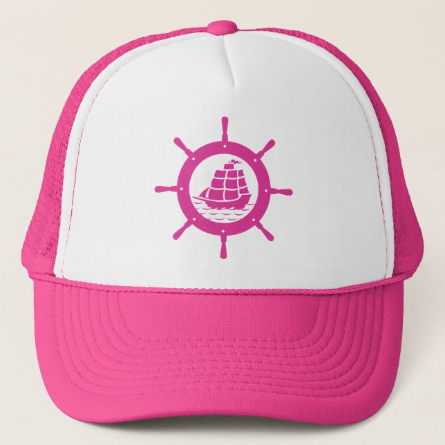 White & Pink Nautical Boat Wheel Trucker Hat (Front)