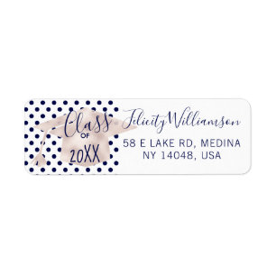 White Pink & Navy Polka Dot Grad Cap Graduation Return Address Label
