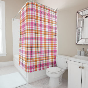 White Pink Orange Plaid Tartan Design Shower Curtain