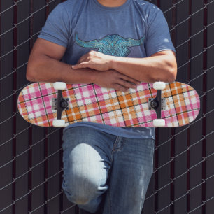 White Pink Orange Plaid Tartan Design Skateboard