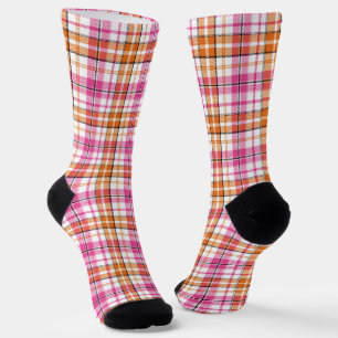 White Pink Orange Plaid Tartan Design Socks