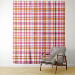 White Pink Orange Plaid Tartan Design Tapestry