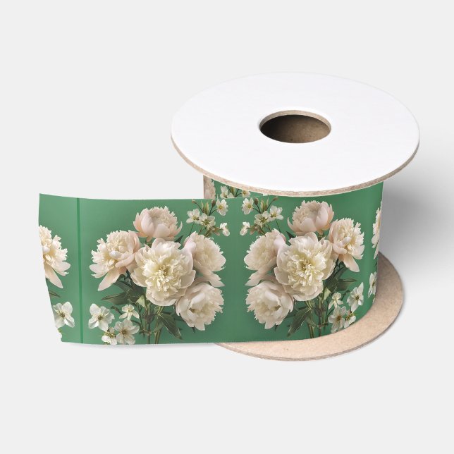  White/ Pink Peonies With Spring Flowers Pattern Satin Ribbon (Spool)