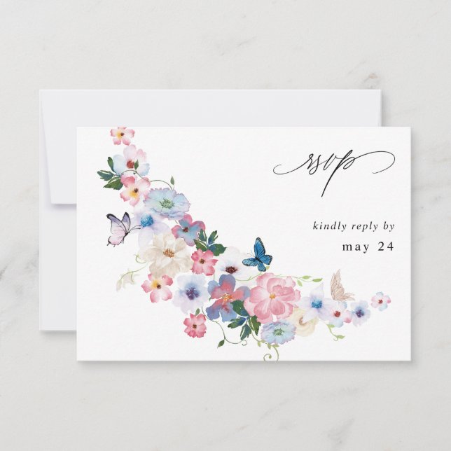 White Pink & Purple Floral w Meal RSVP 2 Card (Front)
