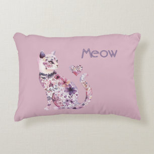 White Pink Purple Hearts Floral Cat Birthday Decorative Cushion