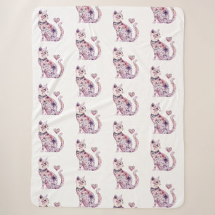 White Pink Purple Hearts Floral Cat Birthday Sherpa Blanket