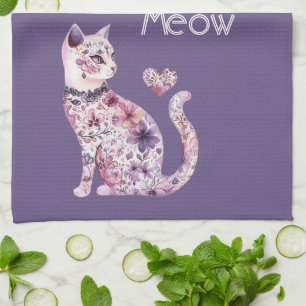 White Pink Purple Hearts Floral Cat Birthday Tea Towel