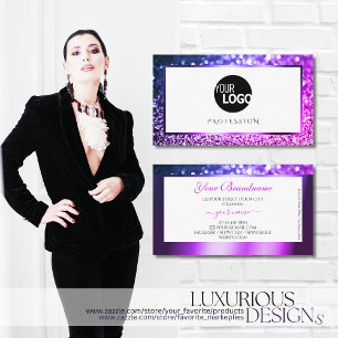 White Pink Purple Ombre Sparkling Glitter Add Logo Business Card