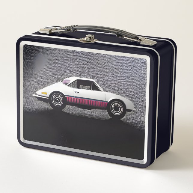 White & Pink Retro Car Metal Lunch Box (Front)