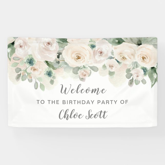 White Pink Rose Floral Birthday Party Welcome Banner (Horizontal)