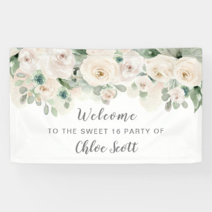 White Pink Rose Floral Sweet 16 Party Welcome Banner