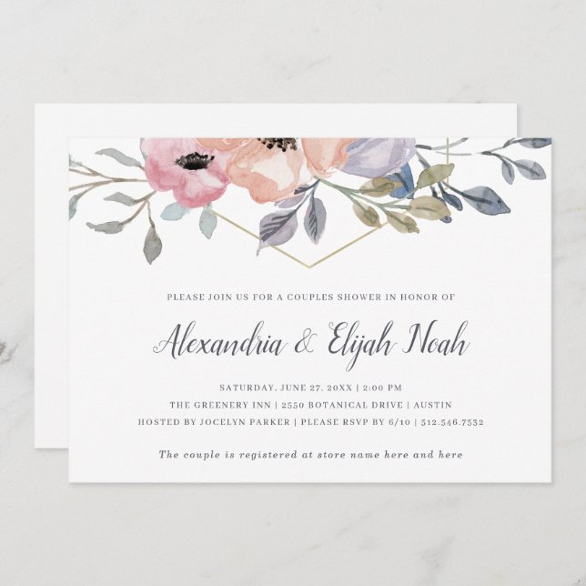 White | Pink Rose Geometric Floral Couples Shower Invitation (Front/Back)