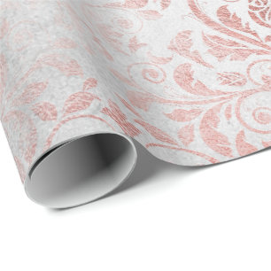 White Pink Rose Gold Floral Grungy Metallic Grey Wrapping Paper
