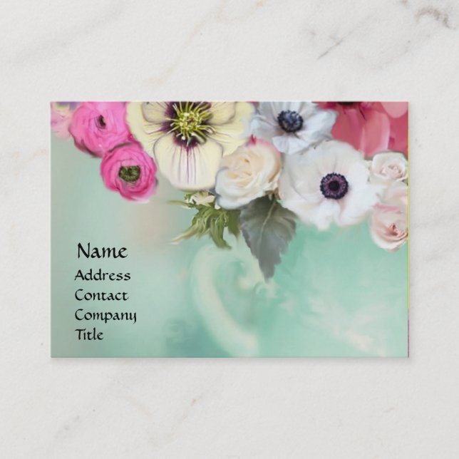WHITE PINK ROSES AND ANEMONE FLOWERS BUSINESS CARD (Front)