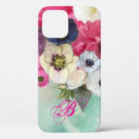 WHITE PINK ROSES AND ANEMONE FLOWERS MONOGRAM
