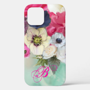 WHITE PINK ROSES AND ANEMONE FLOWERS MONOGRAM iPhone CASE